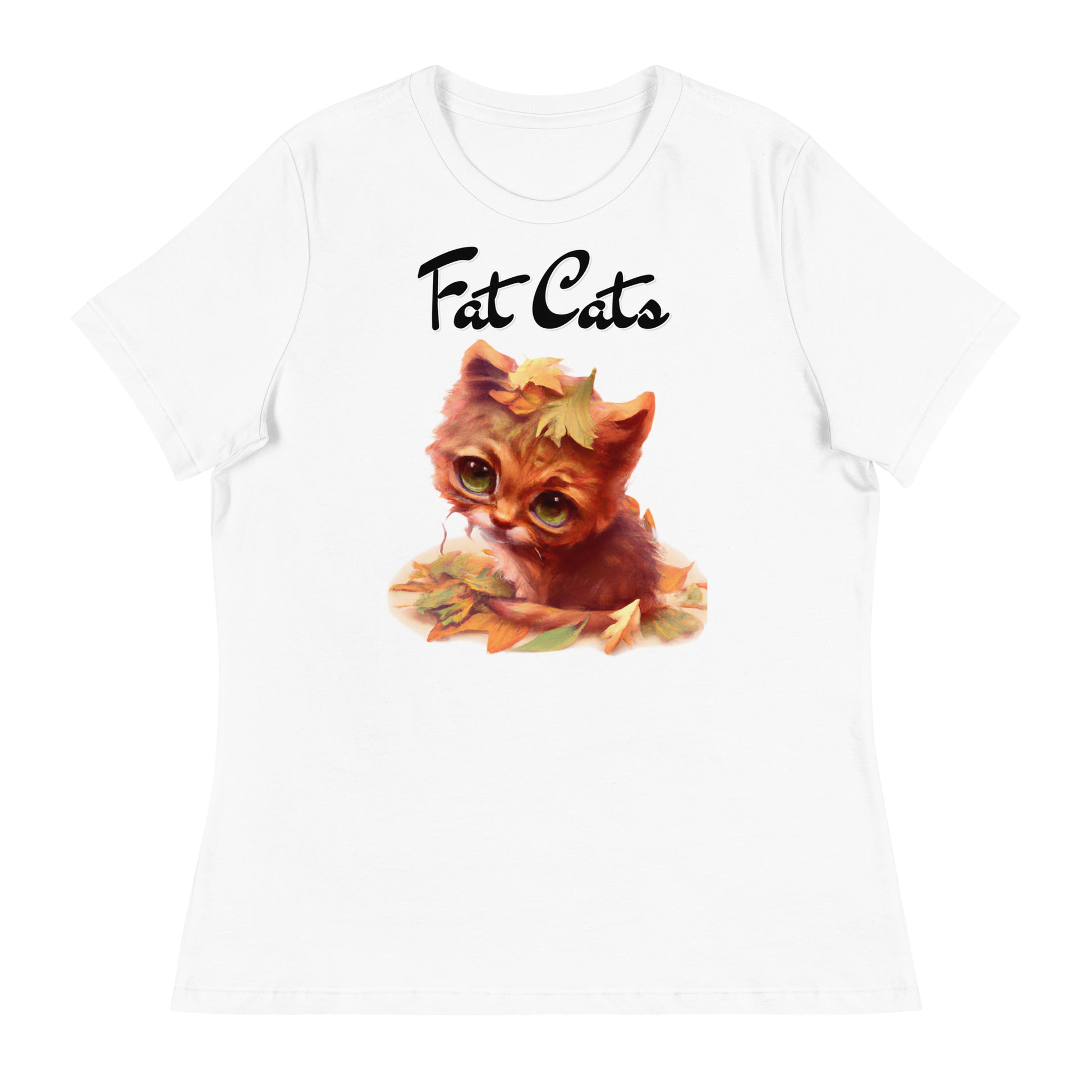 Women's White T-Shirt with Ginger Cat With Autumn Leaves with a text "Fat Cats" at $25.97 found at Personalizedpetlovergifts