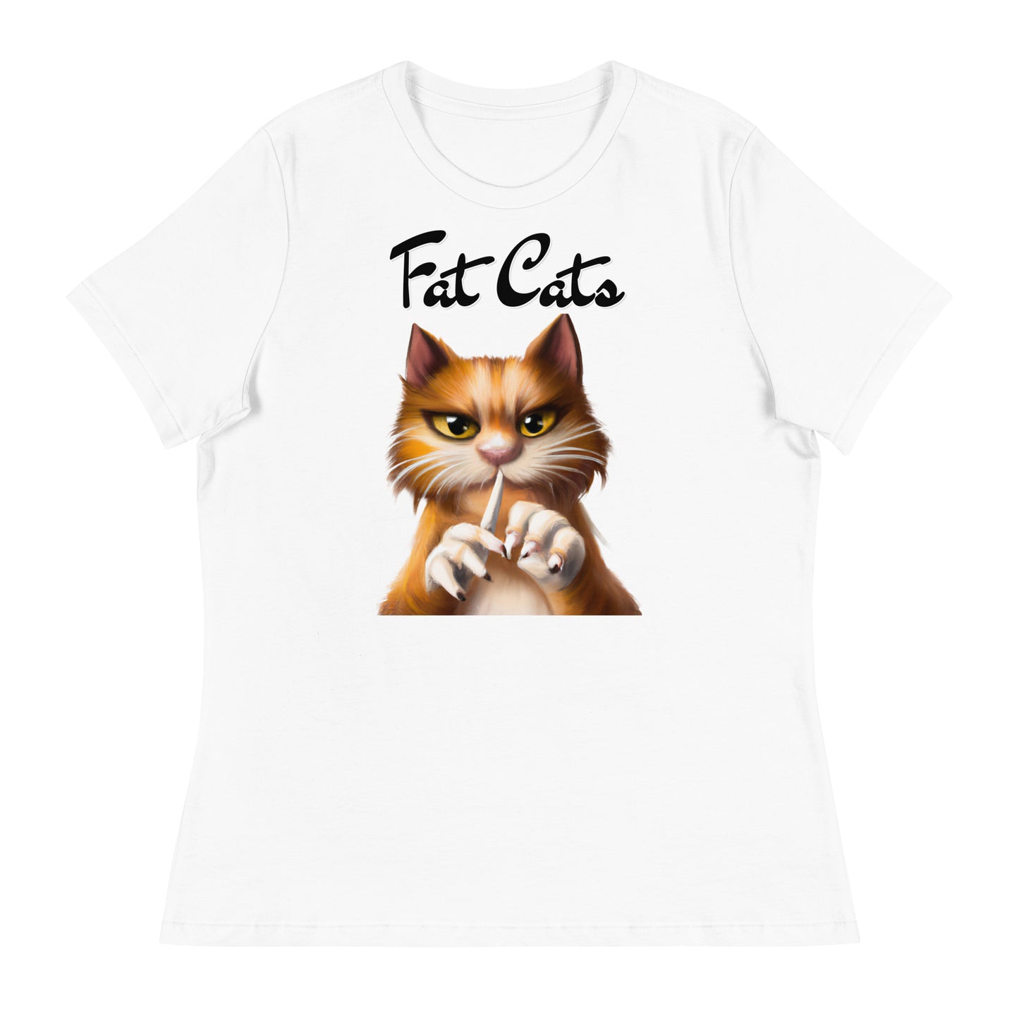 Women's White T-Shirt with Ginger Cat Filing Its Nails with a text "Fat Cats" at $25.97 found at Personalizedpetlovergifts