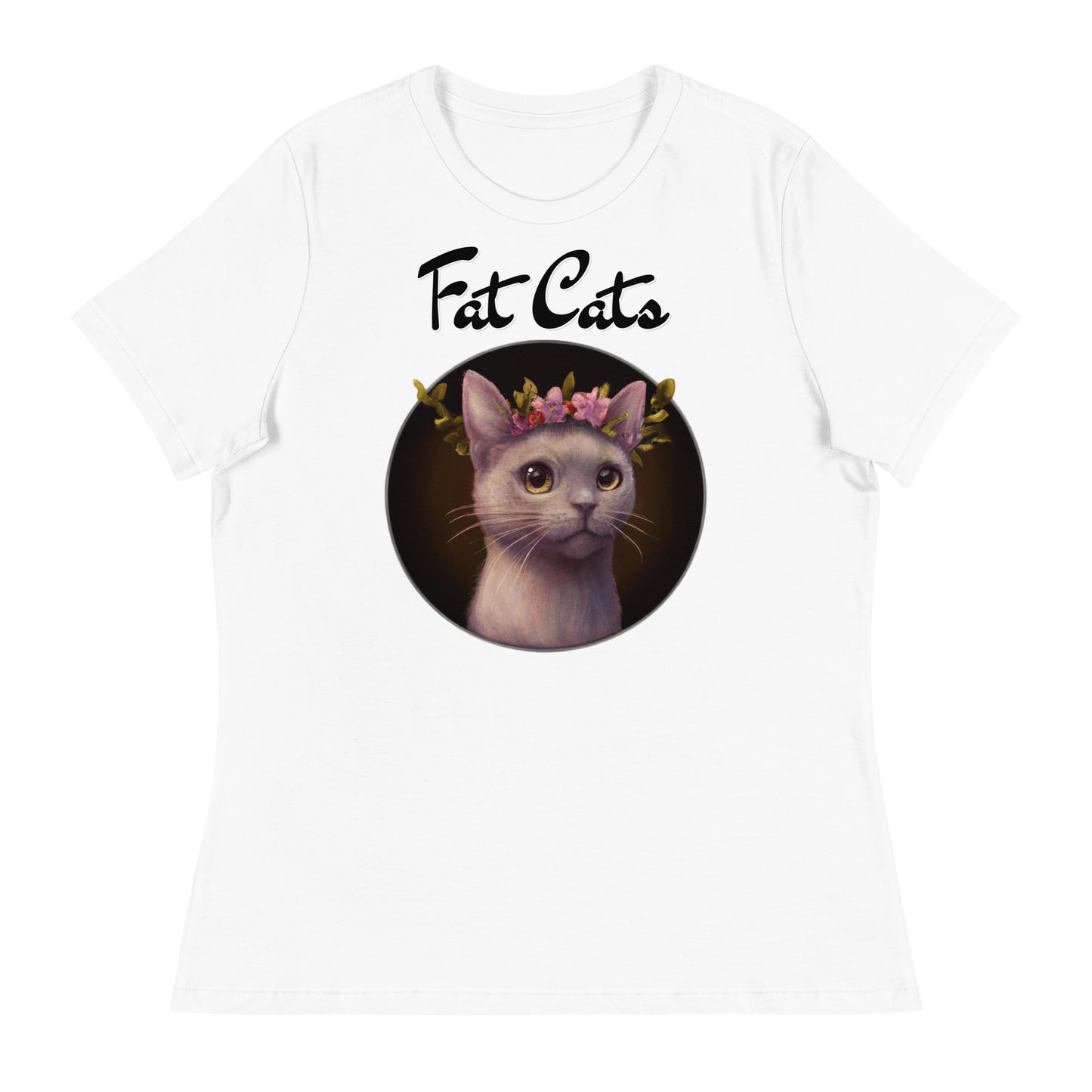 Women's White T-Shirt with Gentle Cat With Pink Floral Headpiece with a text "Fat Cats" at $25.97 found at Personalizedpetlovergifts