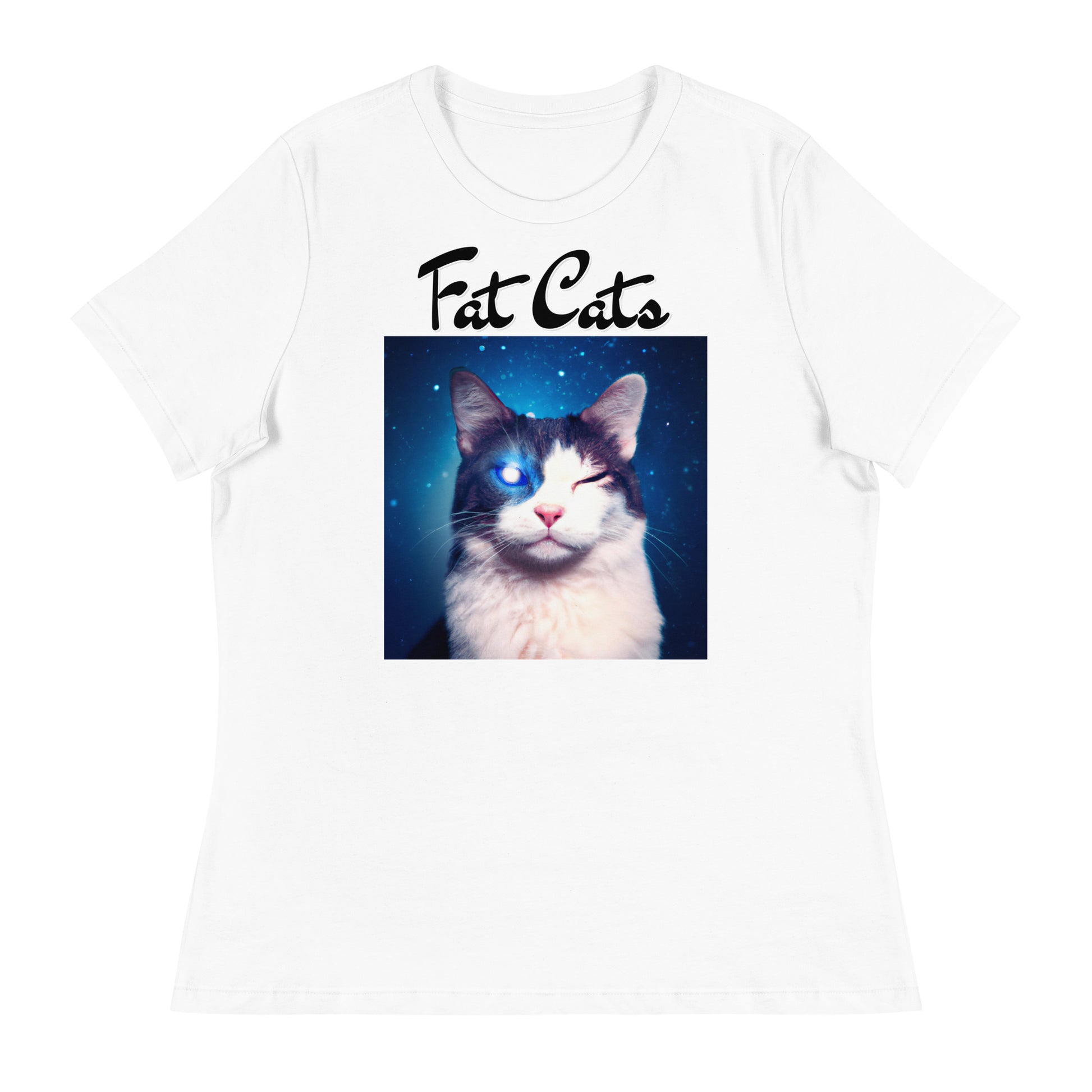 Women's White T-Shirt with Galaxy Eyed Cat with a text "Fat Cats" at $25.97 found at Personalizedpetlovergifts