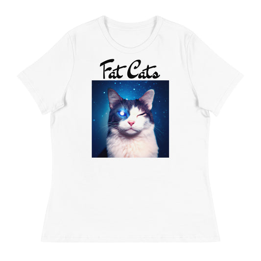 Women's White T-Shirt with Galaxy Eyed Cat with a text "Fat Cats" at $25.97 found at Personalizedpetlovergifts