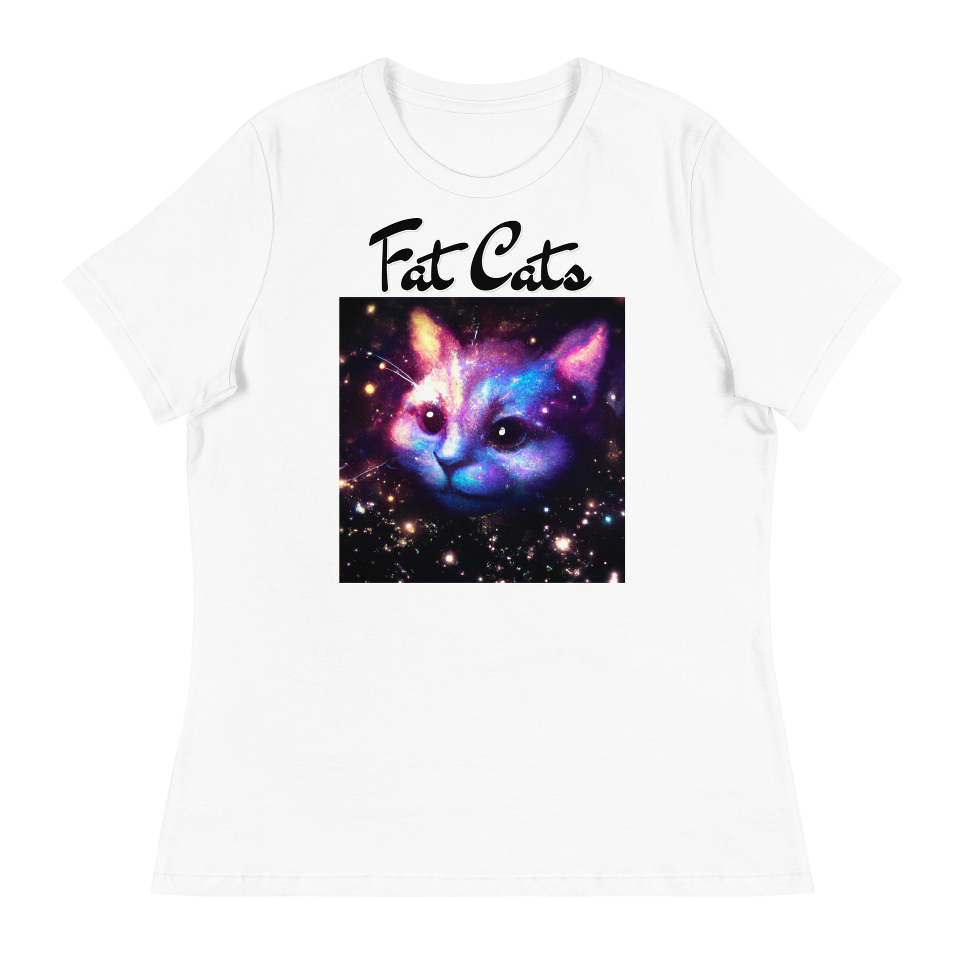 Women's White T-Shirt with Galaxy Cat with a text "Fat Cats" at $25.97 found at Personalizedpetlovergifts