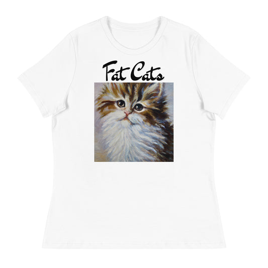 Women's White T-Shirt with Fluffy Wispy Kitten Oil Painting with a text "Fat Cats" at $25.97 found at Personalizedpetlovergifts