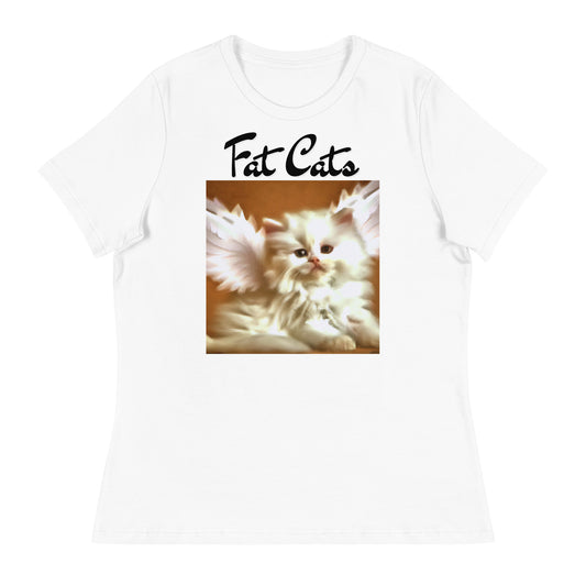 Women's White T-Shirt with Fluffy White Kitten With Angel Wings with a text "Fat Cats" at $25.97 found at Personalizedpetlovergifts