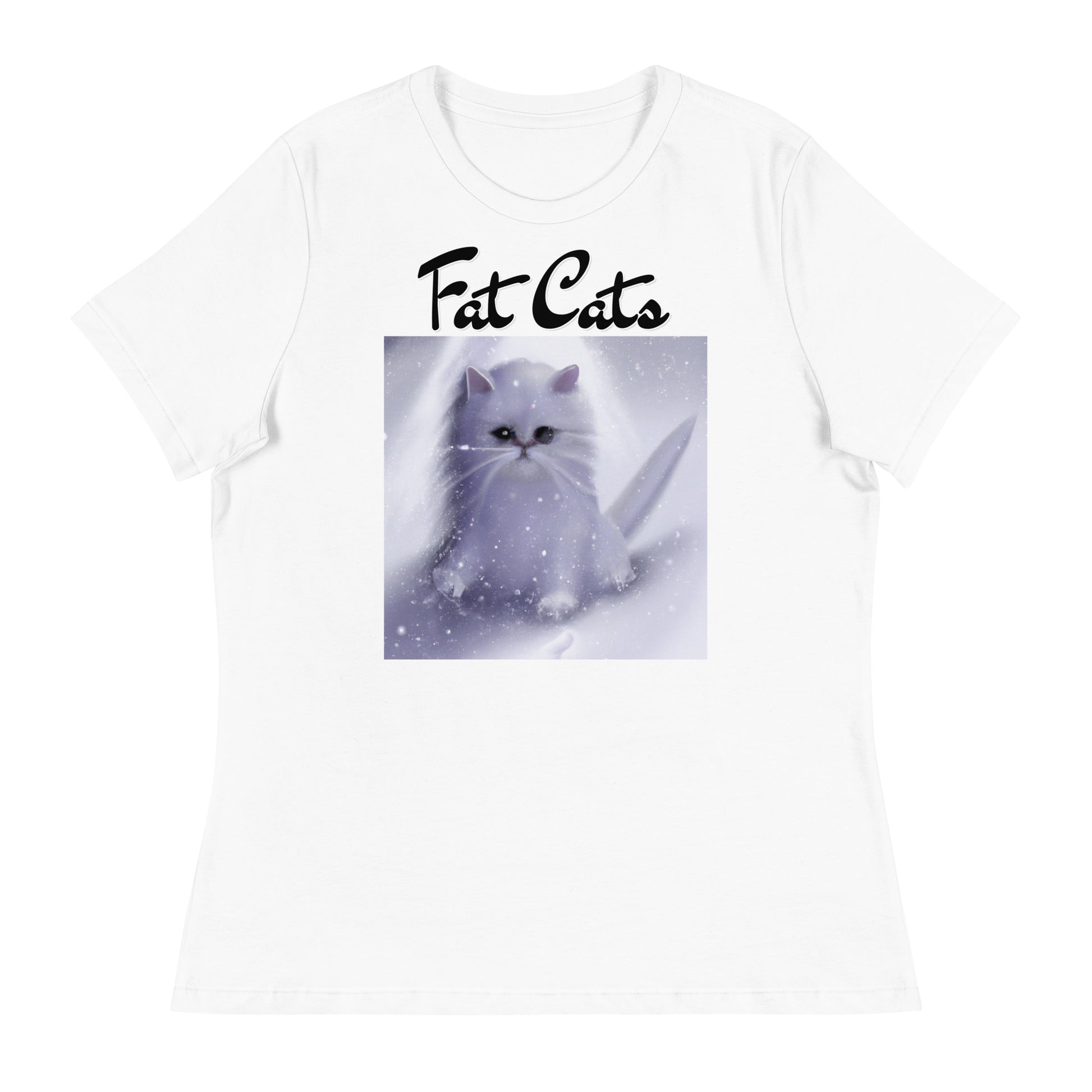 Women's White T-Shirt with Fluffy White Kitten In The SNow with a text "Fat Cats" at $25.97 found at Personalizedpetlovergifts