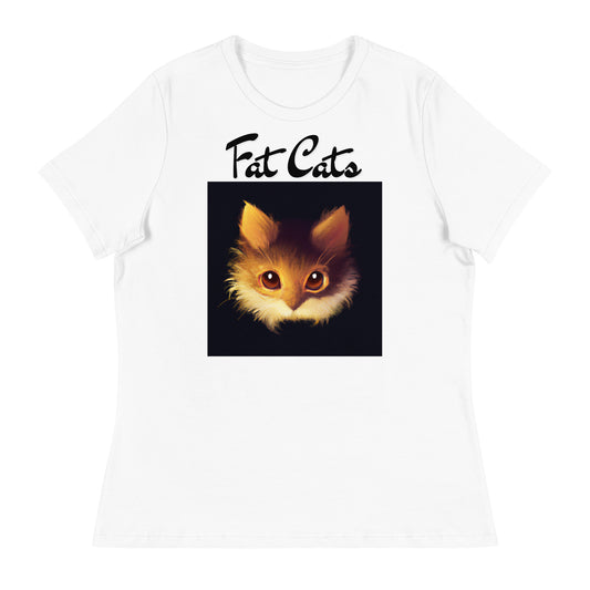 Women's White T-Shirt with Fluffy Orange Cat Portrait with a text "Fat Cats" at $25.97 found at Personalizedpetlovergifts