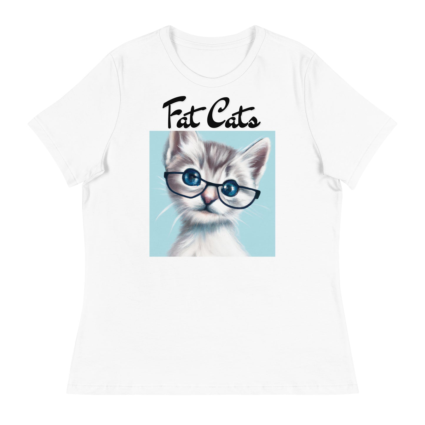 Women's White T-Shirt with Fluffy Kitten With Glasses with a text "Fat Cats" at $25.97 found at Personalizedpetlovergifts