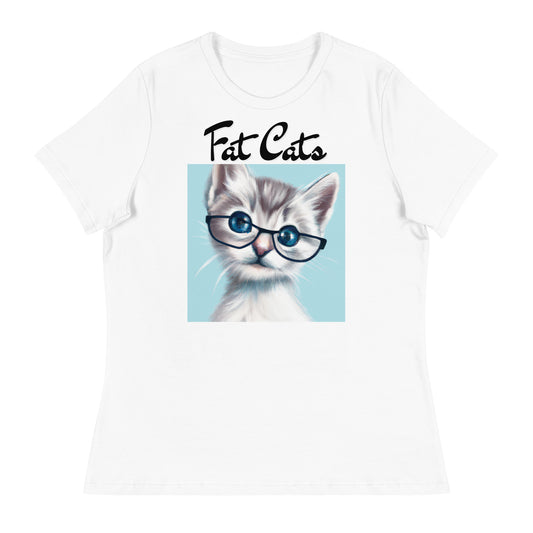 Women's White T-Shirt with Fluffy Kitten With Glasses with a text "Fat Cats" at $25.97 found at Personalizedpetlovergifts