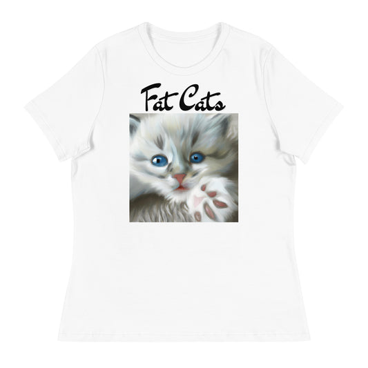 Women's White T-Shirt with Fluffy Kitten With Fluffy Paw with a text "Fat Cats" at $25.97 found at Personalizedpetlovergifts