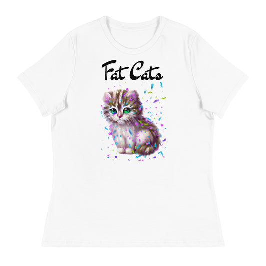 Women's White T-Shirt with Fluffy Kitten With Confetti with a text "Fat Cats" at $25.97 found at Personalizedpetlovergifts