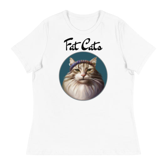 Women's White T-Shirt with Fluffy Kitten With a Wool Headband with a text "Fat Cats" at $25.97 found at Personalizedpetlovergifts