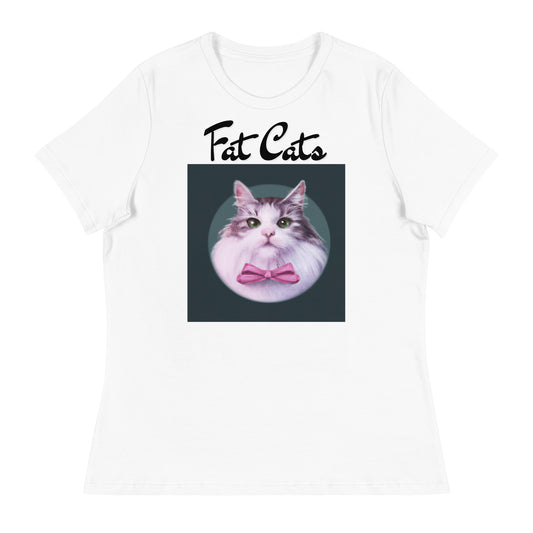 Women's White T-Shirt with Fluffy Kitten With a Pink Bow with a text "Fat Cats" at $25.97 found at Personalizedpetlovergifts