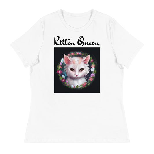 Women's White T-Shirt with Kitten In a Floral Circle with a text "Kitten Queen" at $25.97 found at Personalizedpetlovergifts