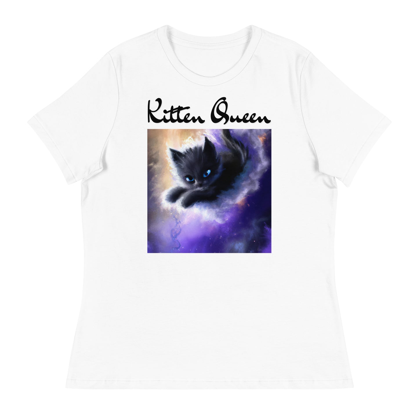 Women's White T-Shirt with Kitten In A Cosmic Cloud with a text "Kitten Queen" at $25.97 found at Personalizedpetlovergifts