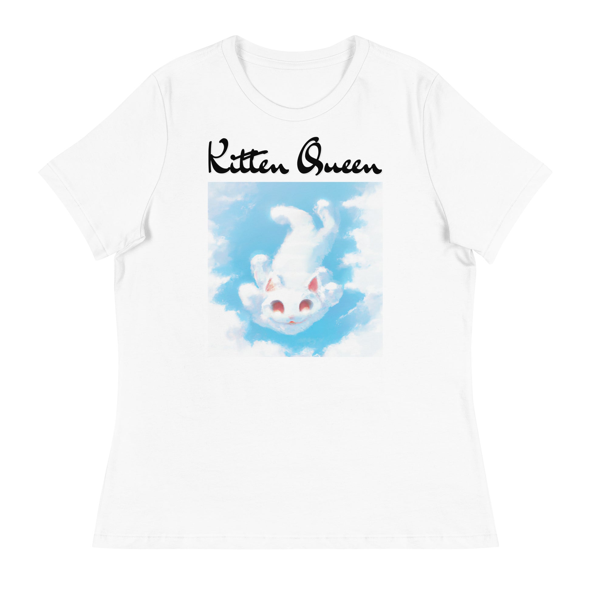 Women's White T-Shirt with Kitten Flying In The Sky with a text "Kitten Queen" at $25.97 found at Personalizedpetlovergifts