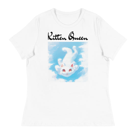 Women's White T-Shirt with Kitten Flying In The Sky with a text "Kitten Queen" at $25.97 found at Personalizedpetlovergifts