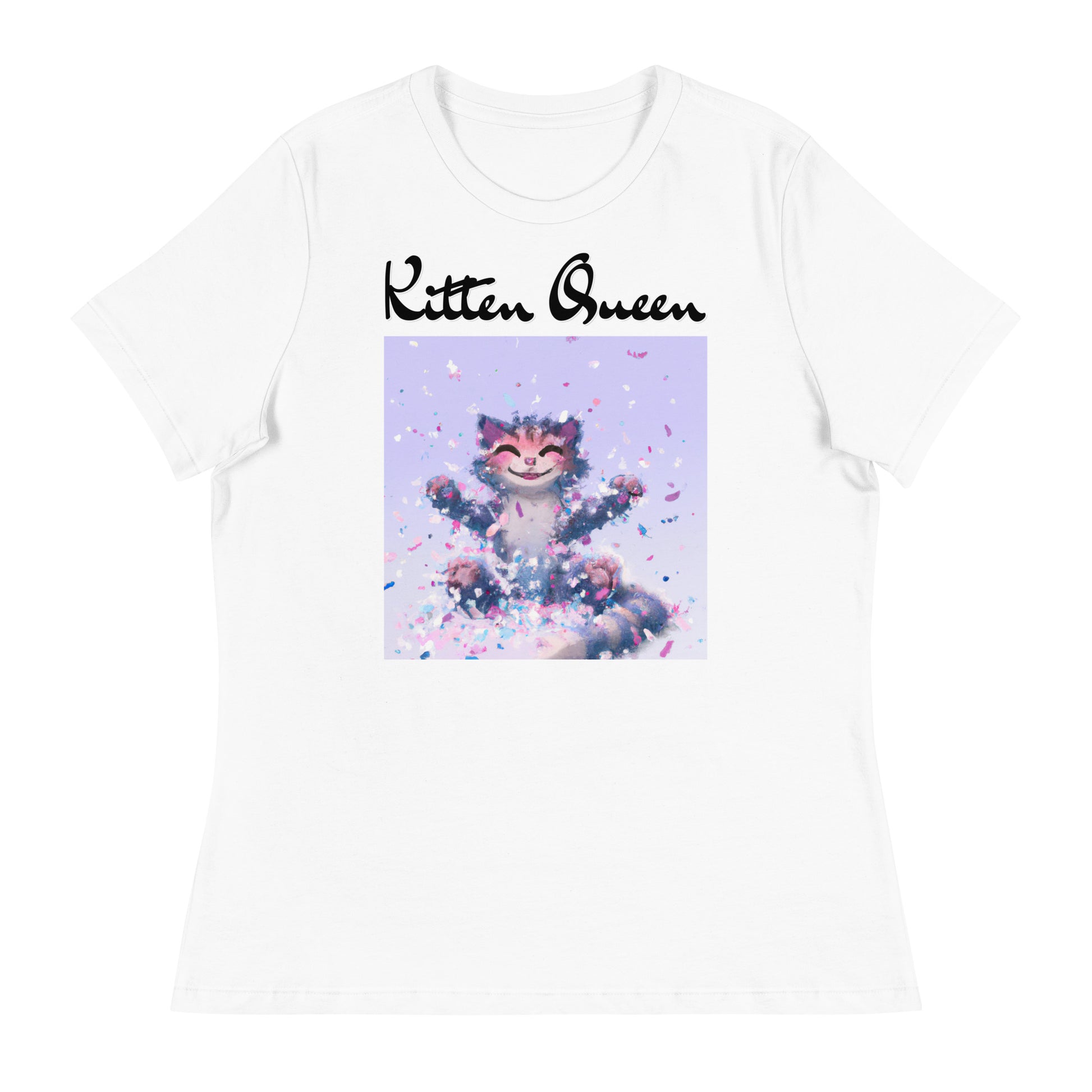 Women's White T-Shirt with Kitten Enjoying Confetti with a text "Kitten Queen" at $25.97 found at Personalizedpetlovergifts