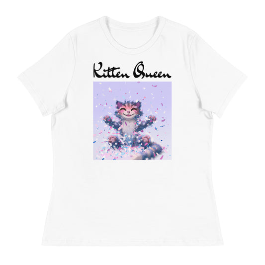 Women's White T-Shirt with Kitten Enjoying Confetti with a text "Kitten Queen" at $25.97 found at Personalizedpetlovergifts