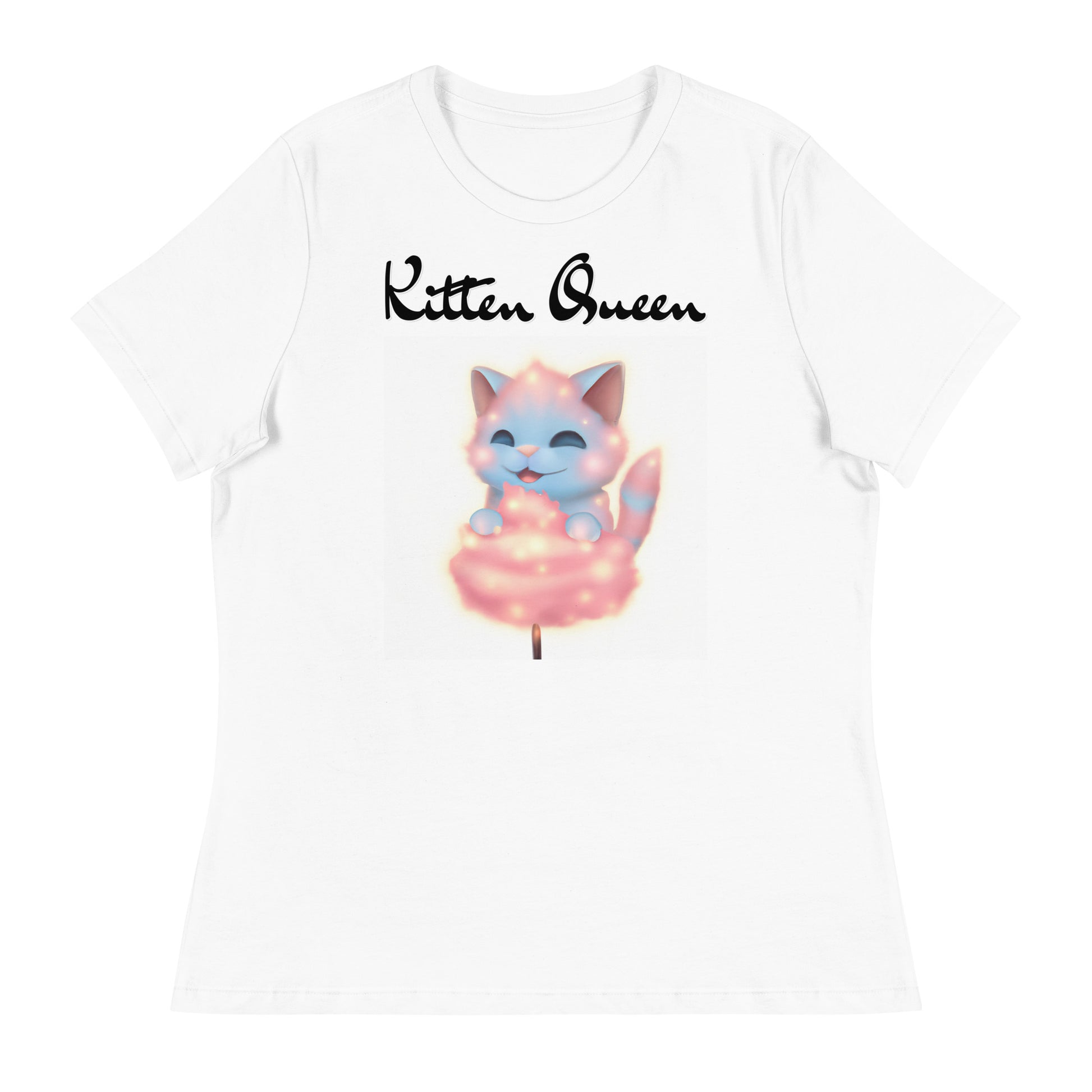 Women's White T-Shirt with Kitten Enjoying a Cotton Candy with a text "Kitten Queen" at $25.97 found at Personalizedpetlovergifts