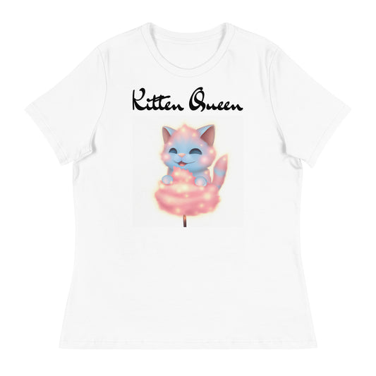 Women's White T-Shirt with Kitten Enjoying a Cotton Candy with a text "Kitten Queen" at $25.97 found at Personalizedpetlovergifts