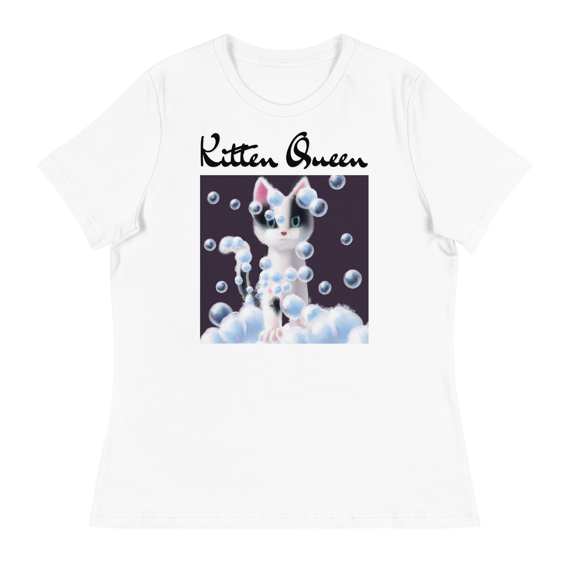 Women's White T-Shirt with Kitten Covered In Bubbles with a text "Kitten Queen" at $25.97 found at Personalizedpetlovergifts