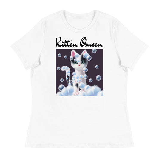 Women's White T-Shirt with Kitten Covered In Bubbles with a text "Kitten Queen" at $25.97 found at Personalizedpetlovergifts