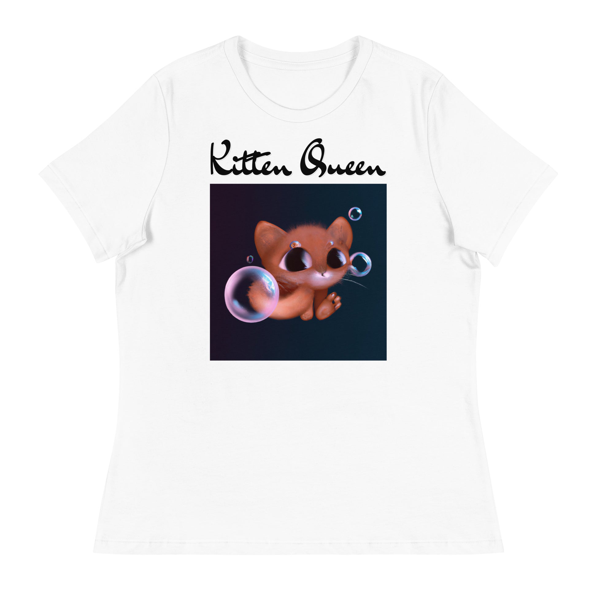 Women's White T-Shirt with Kitten And Soap Bubbles with a text "Kitten Queen" at $25.97 found at Personalizedpetlovergifts