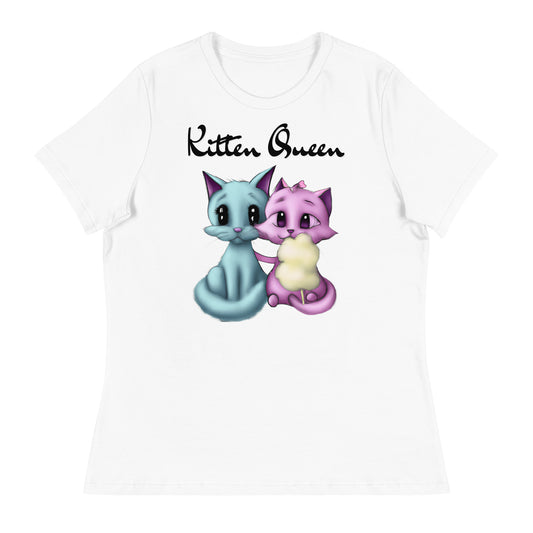 Women's White T-Shirt with Hugging Kittens With Cotton Candy with a text "Kitten Queen" at $25.97 found at Personalizedpetlovergifts