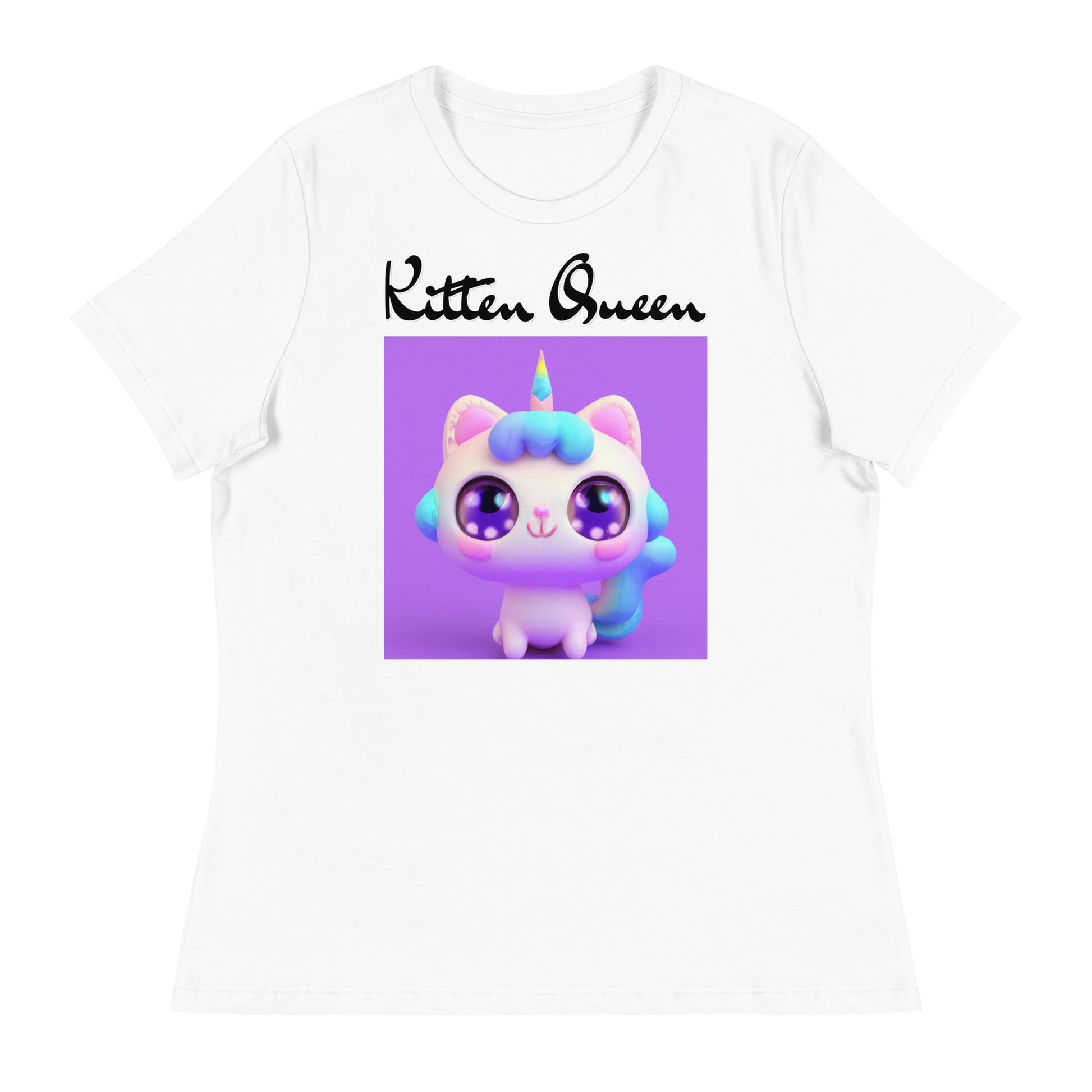 Women's White T-Shirt with Happy Unicorn Kitten with a text "Kitten Queen" at $25.97 found at Personalizedpetlovergifts