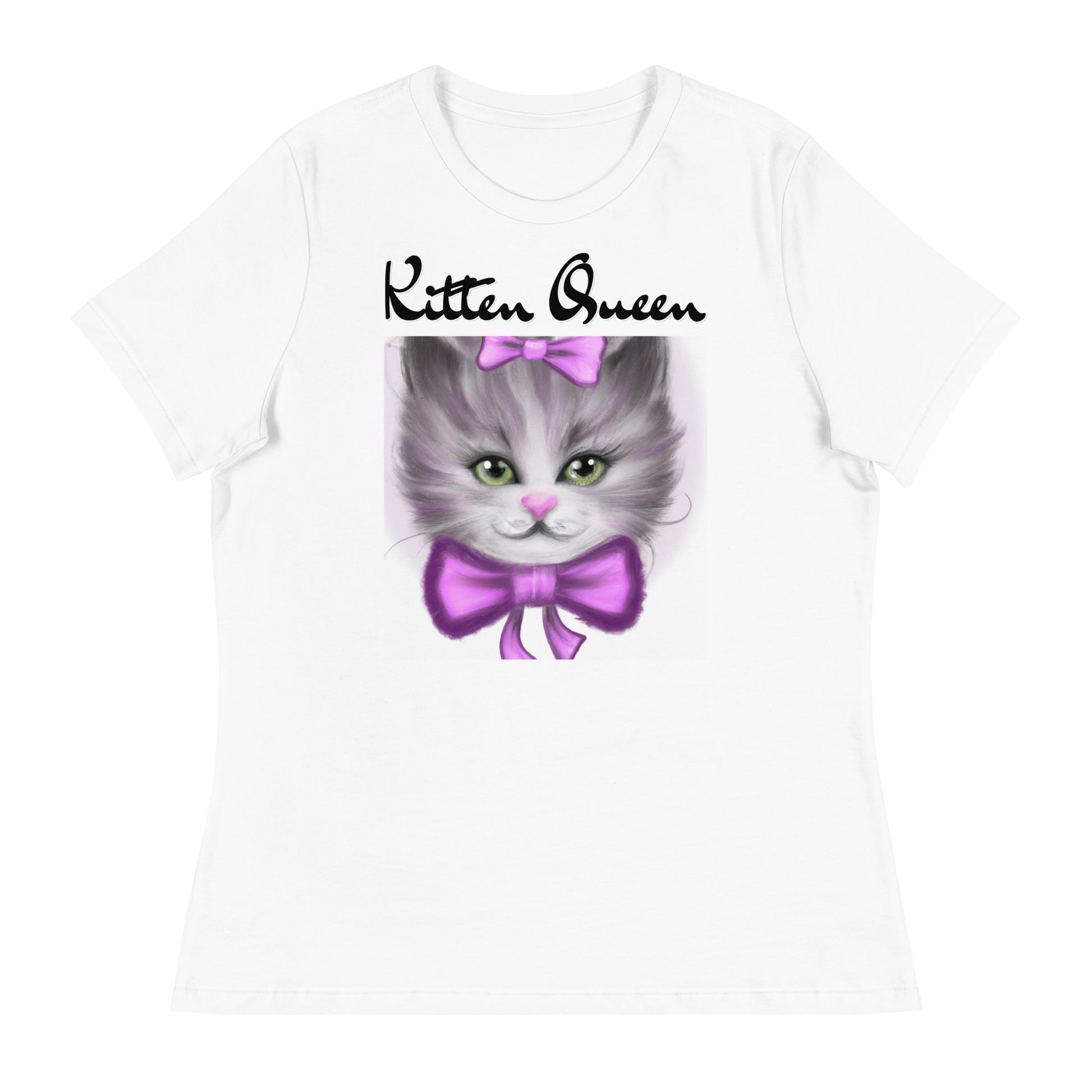 Women's White T-Shirt with Happy Kitten With a Purple Bow with a text "Kitten Queen" at $25.97 found at Personalizedpetlovergifts