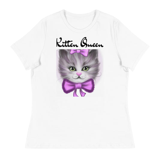 Women's White T-Shirt with Happy Kitten With a Purple Bow with a text "Kitten Queen" at $25.97 found at Personalizedpetlovergifts