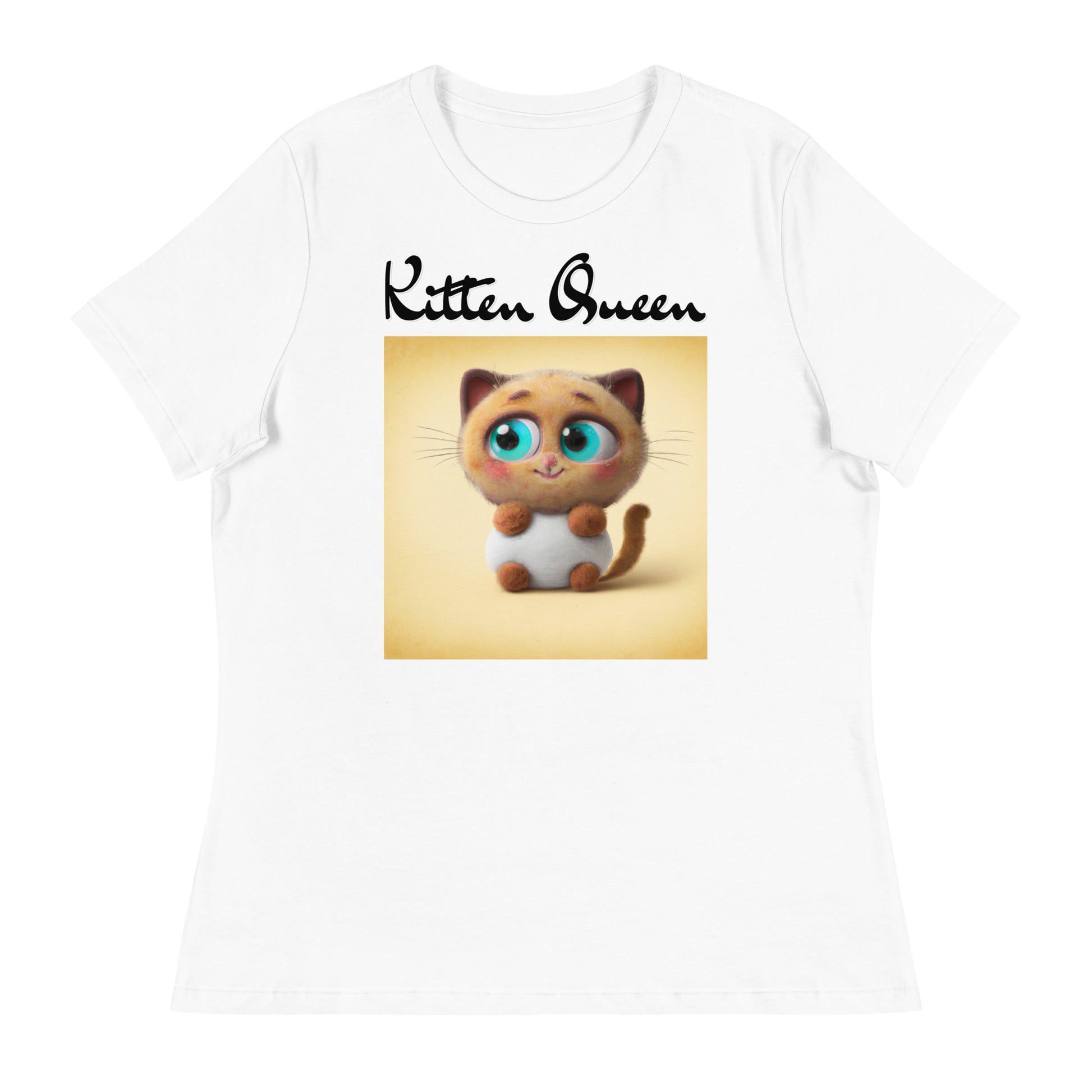 Women's White T-Shirt with Happy Fluffy Kitten with a text "Kitten Queen" at $25.97 found at Personalizedpetlovergifts