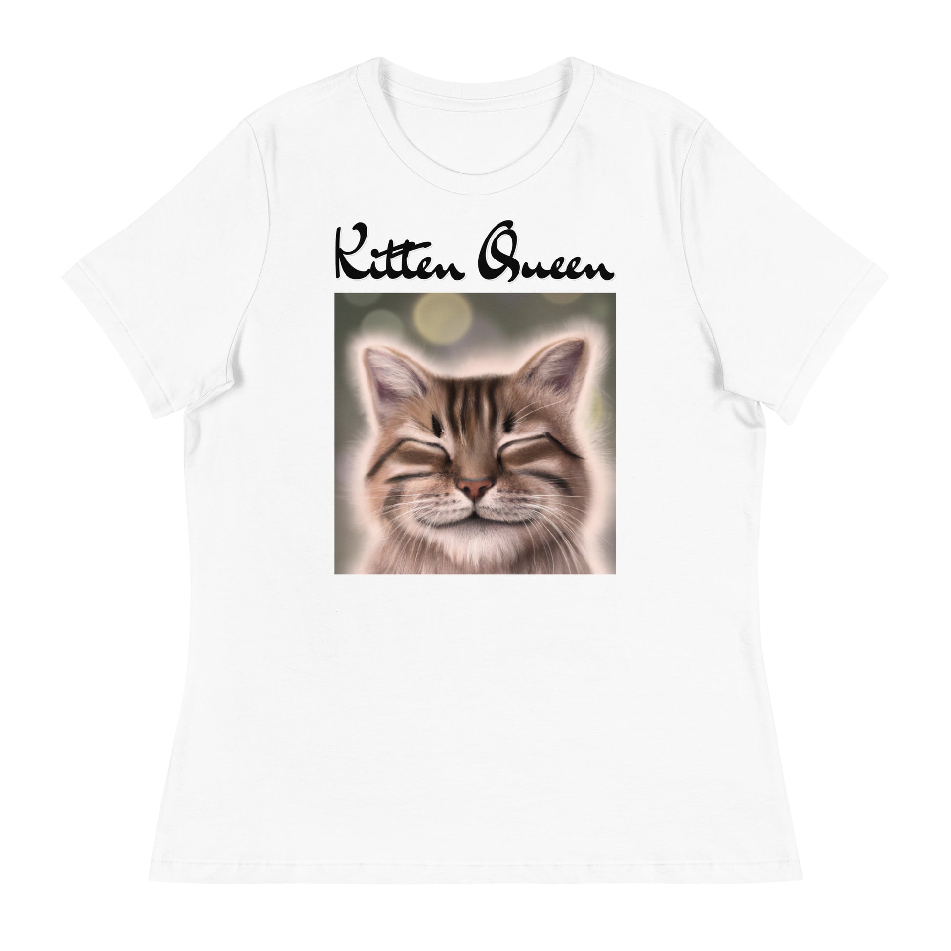 Women's White T-Shirt with Happy Cat with a text "Kitten Queen" at $25.97 found at Personalizedpetlovergifts