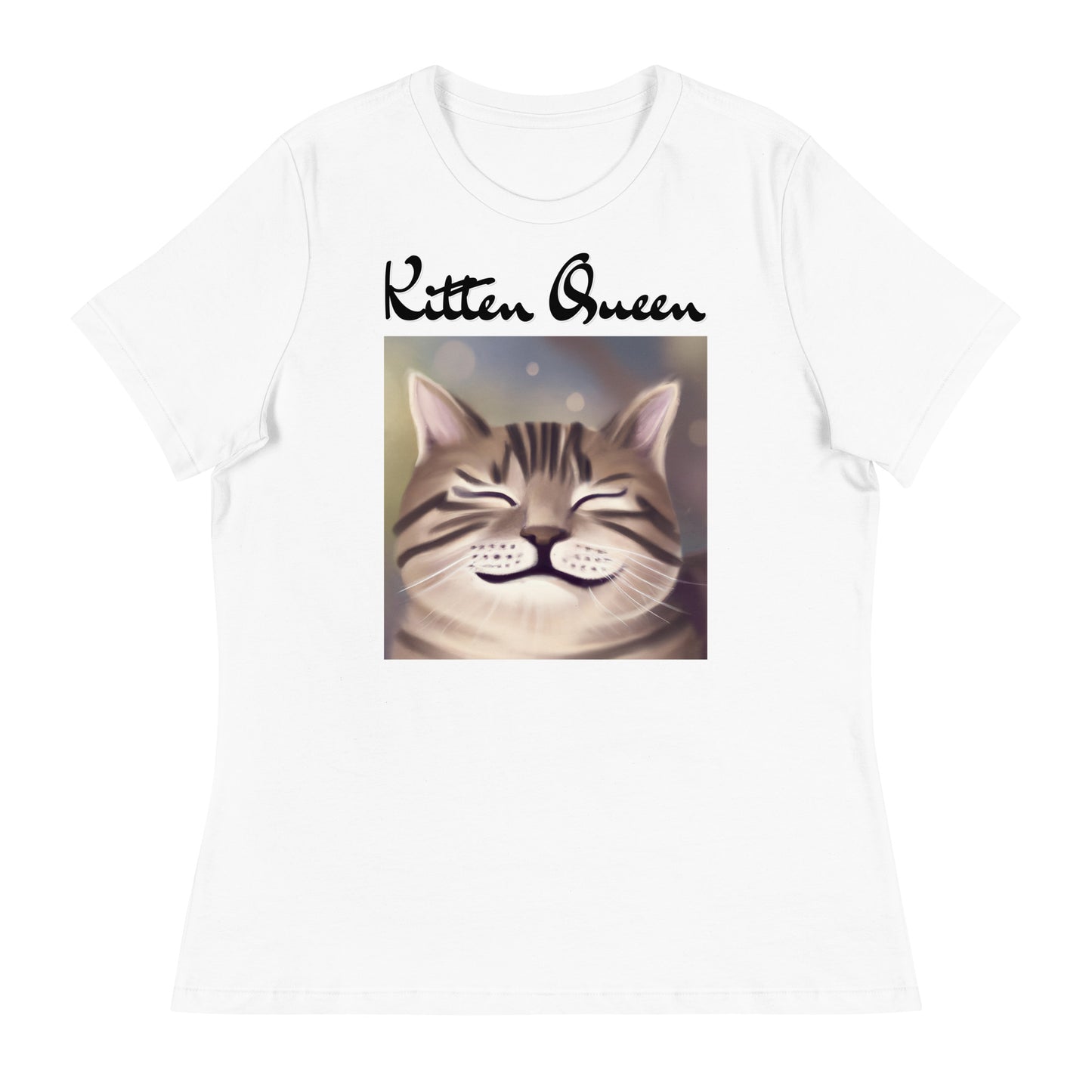 Women's White T-Shirt with Happy Cat Purring with a text "Kitten Queen" at $25.97 found at Personalizedpetlovergifts