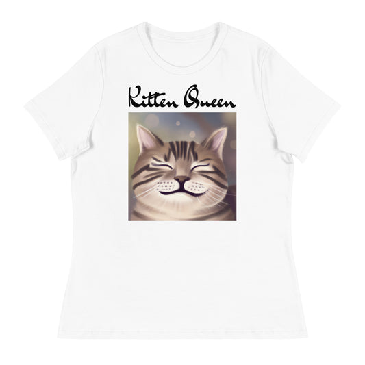 Women's White T-Shirt with Happy Cat Purring with a text "Kitten Queen" at $25.97 found at Personalizedpetlovergifts