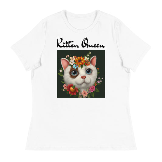 Women's White T-Shirt with Happy Cat Portrait With Flowers with a text "Kitten Queen" at $25.97 found at Personalizedpetlovergifts