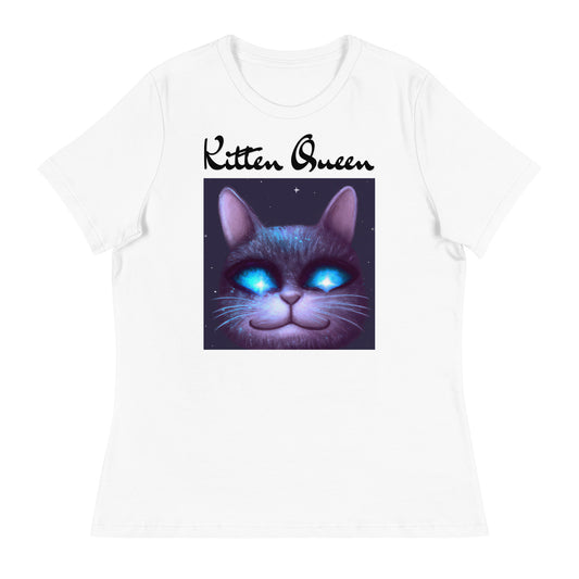 Women's White T-Shirt with Happy Blue Eyed Cat with a text "Kitten Queen" at $25.97 found at Personalizedpetlovergifts