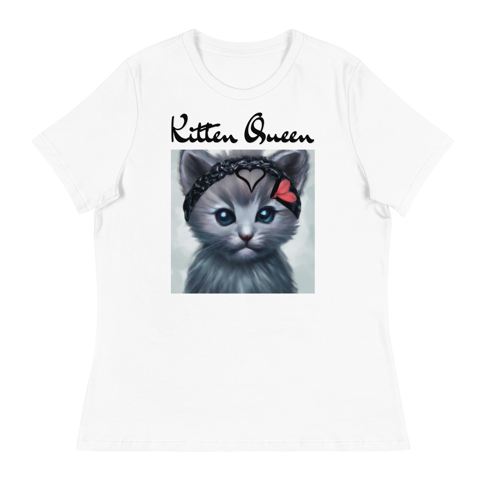 Women's White T-Shirt with Grey Kitten With a Headband with a text "Kitten Queen" at $25.97 found at Personalizedpetlovergifts