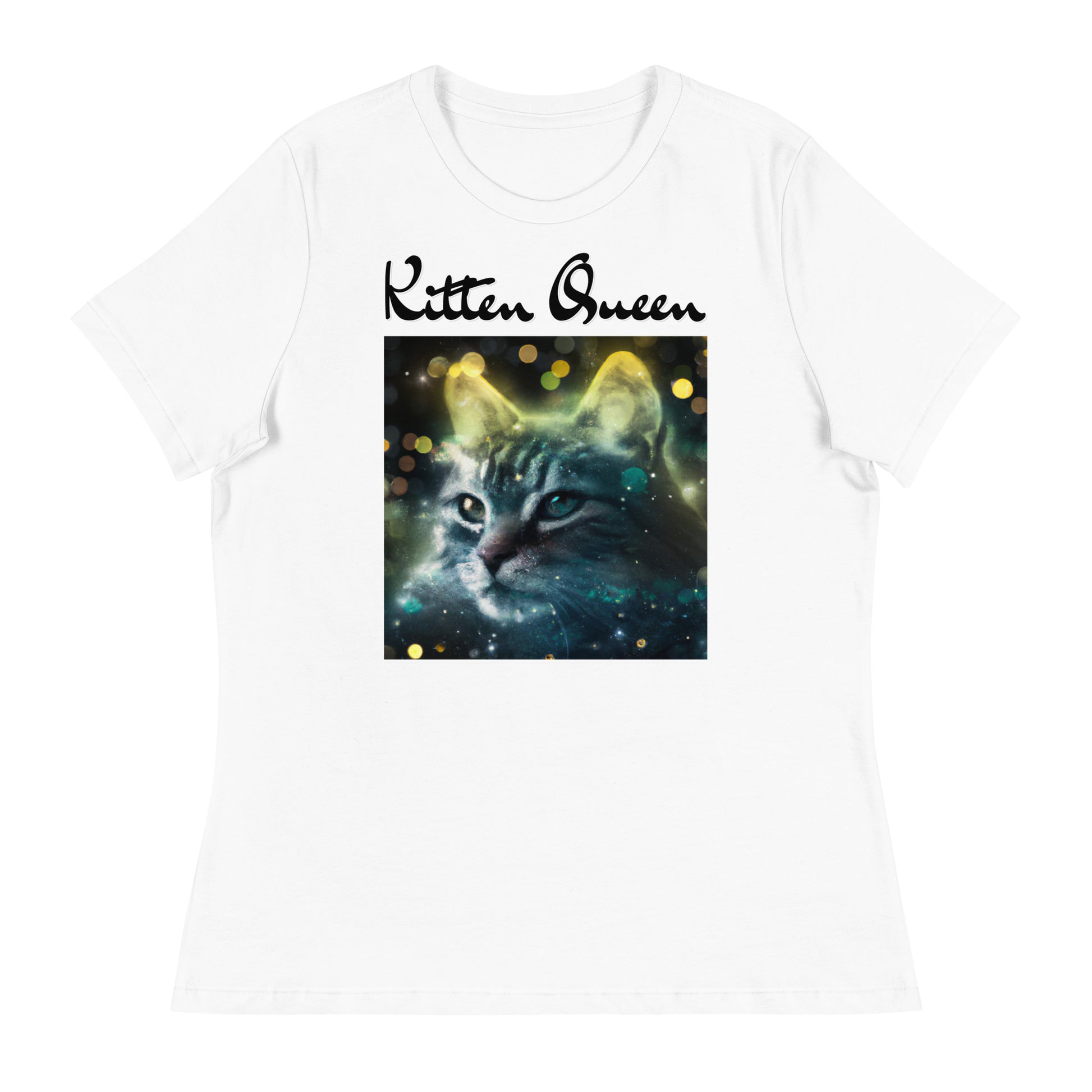 Women's White T-Shirt with Green Space Cat with a text "Kitten Queen" at $25.97 found at Personalizedpetlovergifts