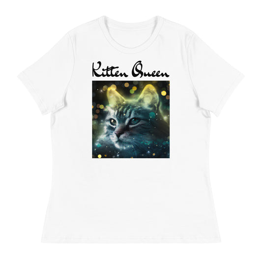 Women's White T-Shirt with Green Space Cat with a text "Kitten Queen" at $25.97 found at Personalizedpetlovergifts