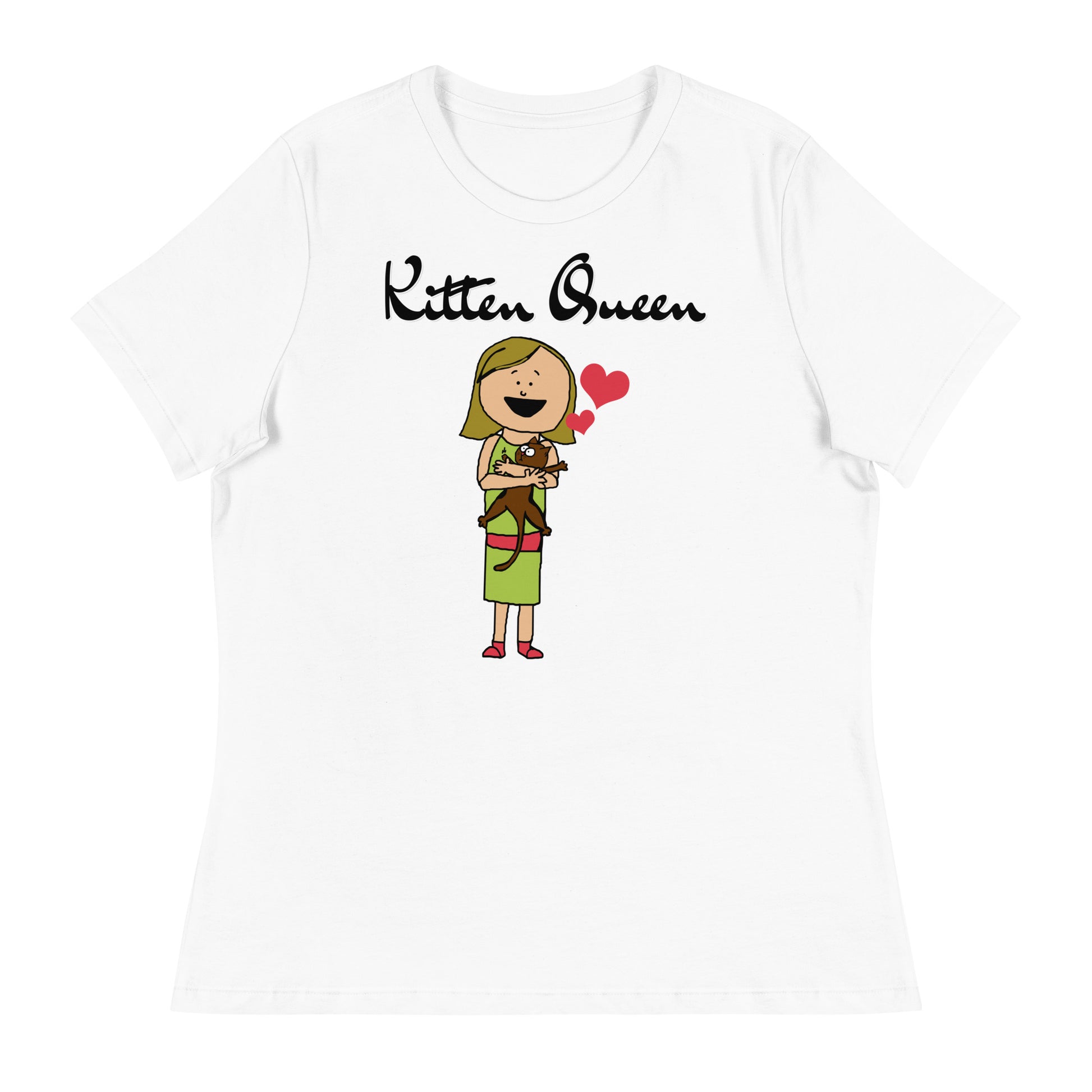 Women's White T-Shirt with Girl Holding a Kitten with a text "Kitten Queen" at $25.97 found at Personalizedpetlovergifts