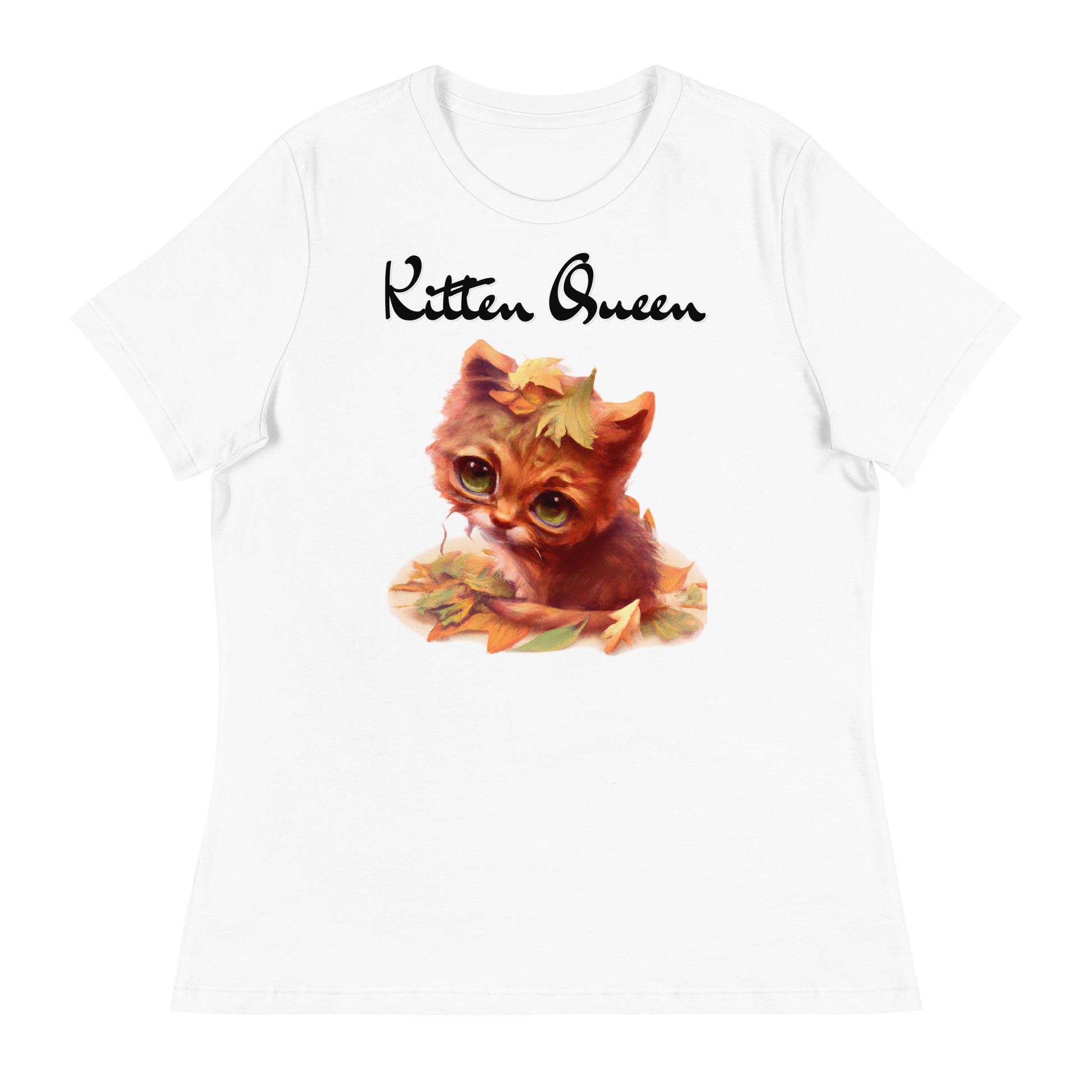 Women's White T-Shirt with Ginger Cat With Autumn Leaves with a text "Kitten Queen" at $25.97 found at Personalizedpetlovergifts