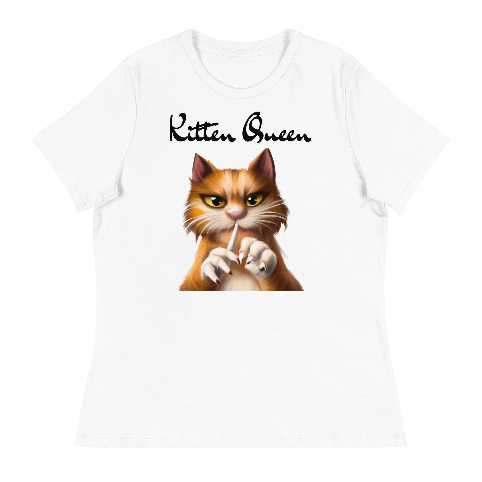 Women's White T-Shirt with Ginger Cat Filing Its Nails with a text "Kitten Queen" at $25.97 found at Personalizedpetlovergifts