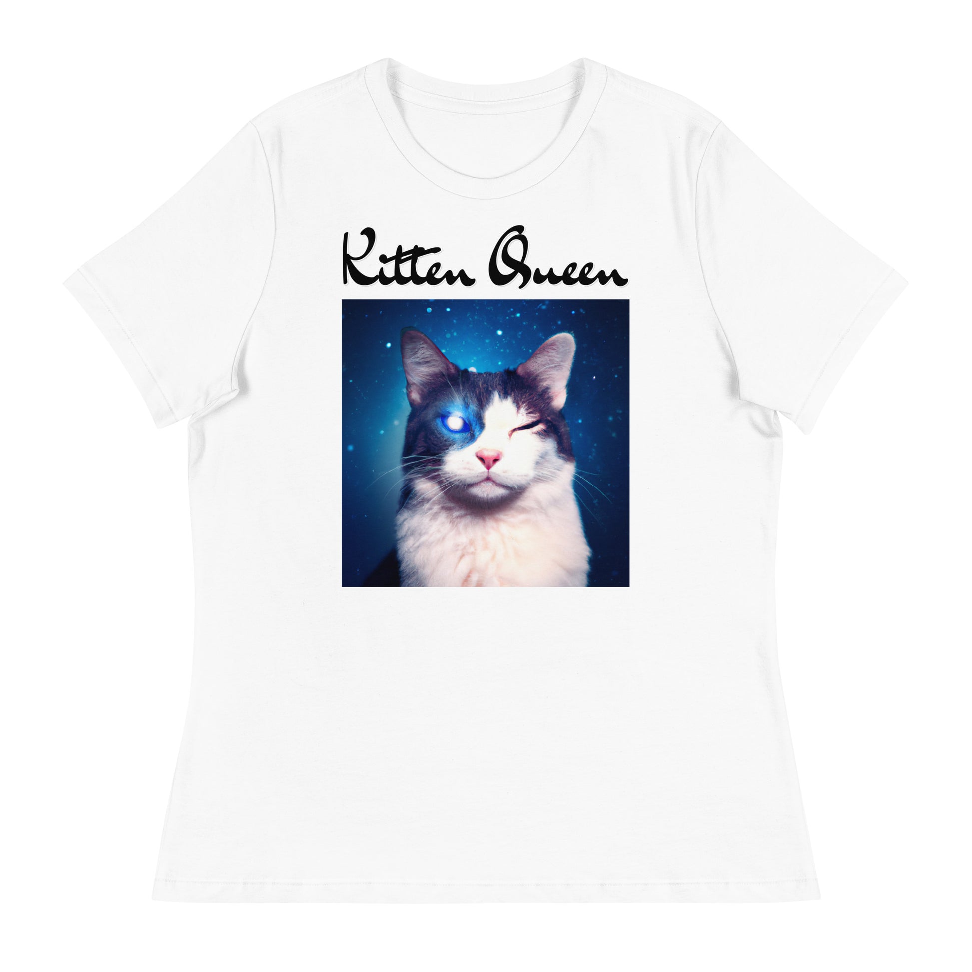 Women's White T-Shirt with Galaxy Eyed Cat with a text "Kitten Queen" at $25.97 found at Personalizedpetlovergifts