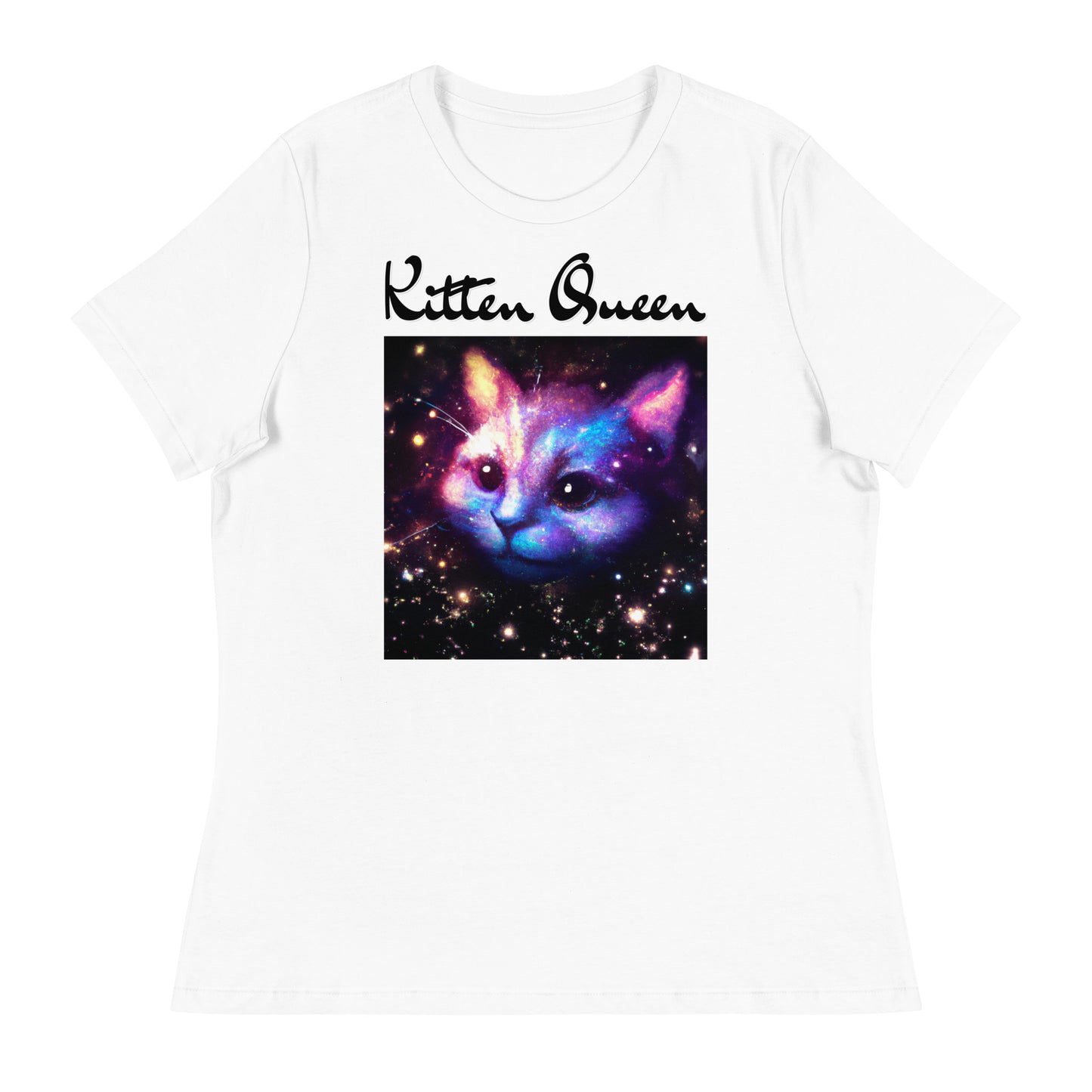 Women's White T-Shirt with Galaxy Cat with a text "Kitten Queen" at $25.97 found at Personalizedpetlovergifts