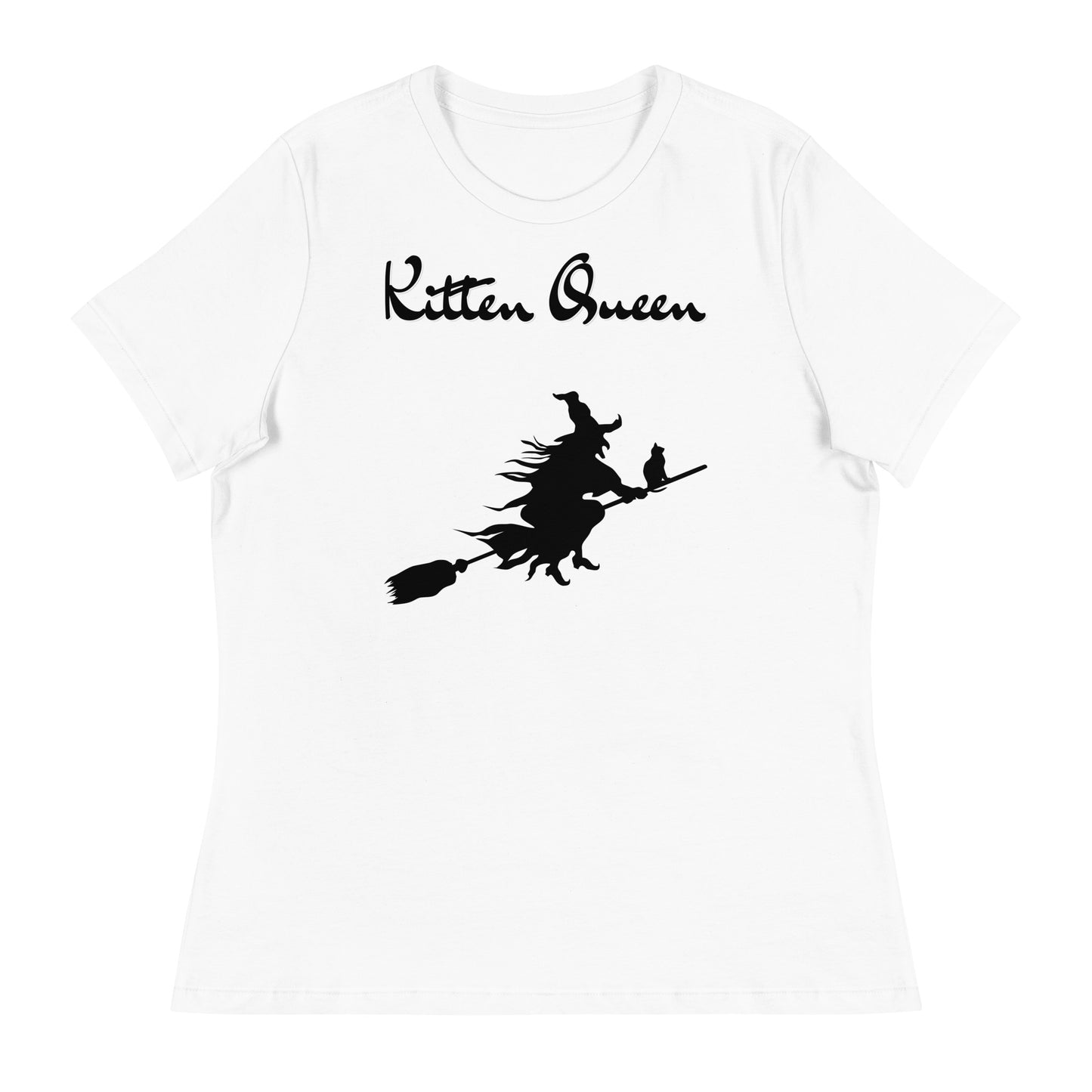 Women's White T-Shirt with Flying Witch With Cat On a Broom with a text "Kitten Queen" at $25.97 found at Personalizedpetlovergifts