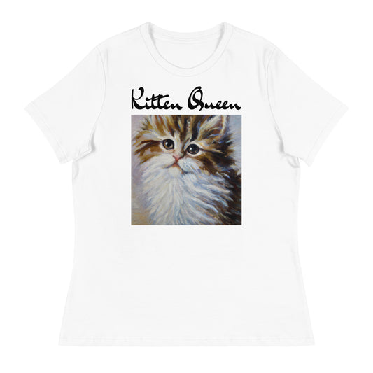 Women's White T-Shirt with Fluffy Wispy Kitten Oil Painting with a text "Kitten Queen" at $25.97 found at Personalizedpetlovergifts