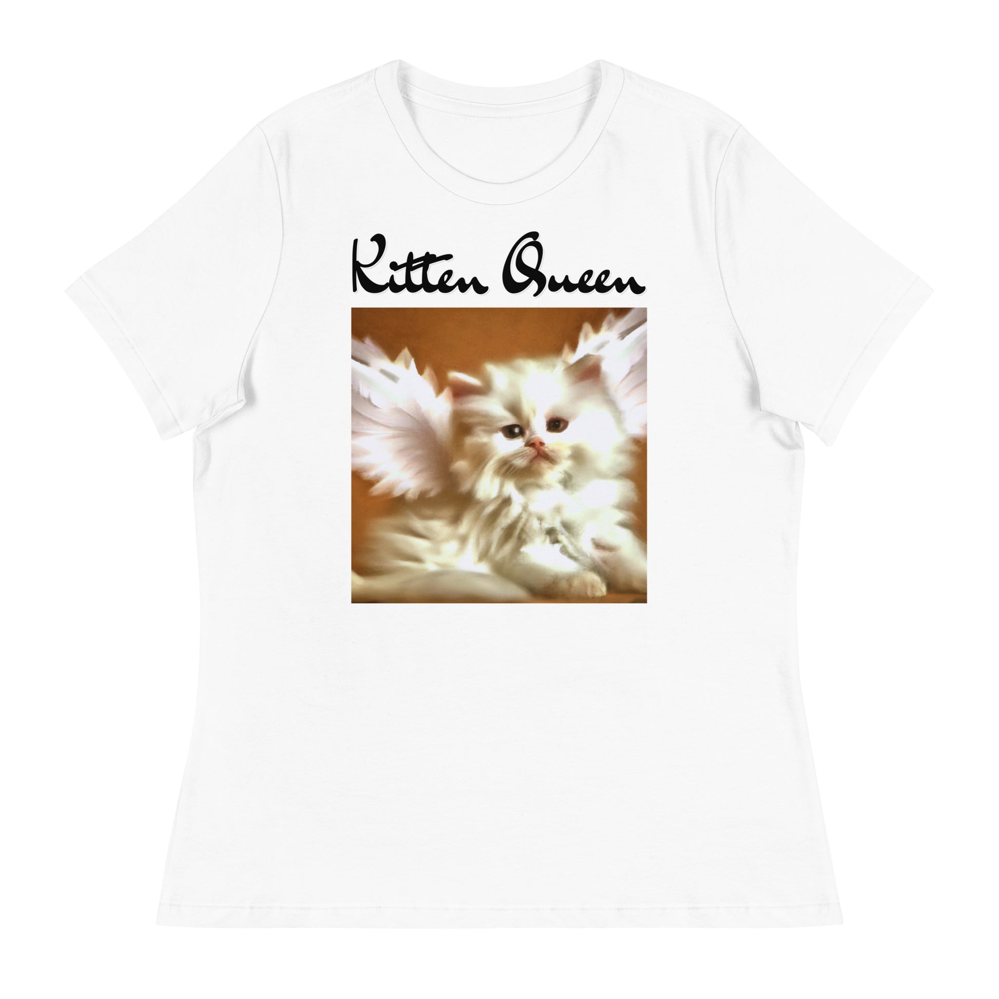 Women's White T-Shirt with Fluffy White Kitten With Angel Wings with a text "Kitten Queen" at $25.97 found at Personalizedpetlovergifts