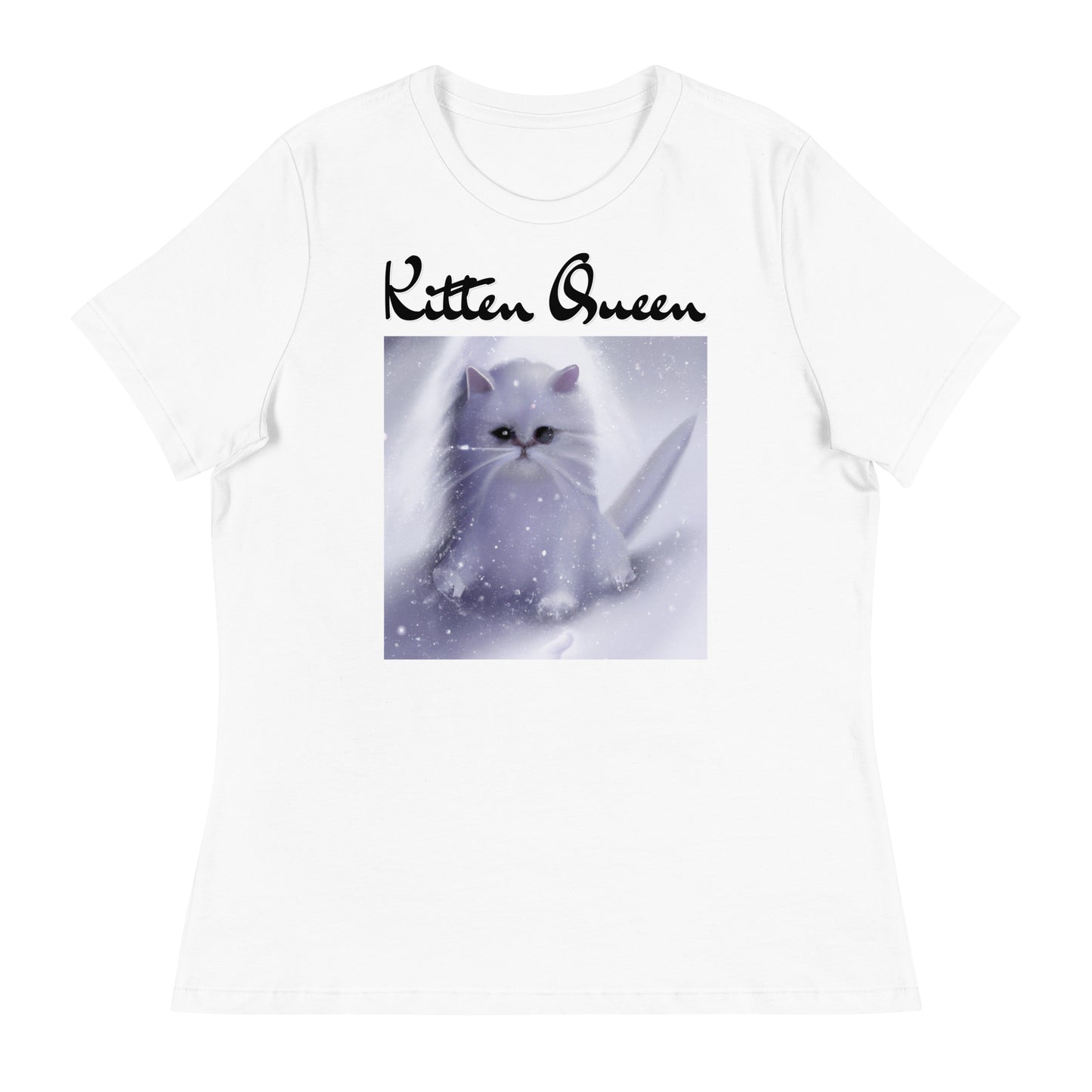 Women's White T-Shirt with Fluffy White Kitten In The SNow with a text "Kitten Queen" at $25.97 found at Personalizedpetlovergifts