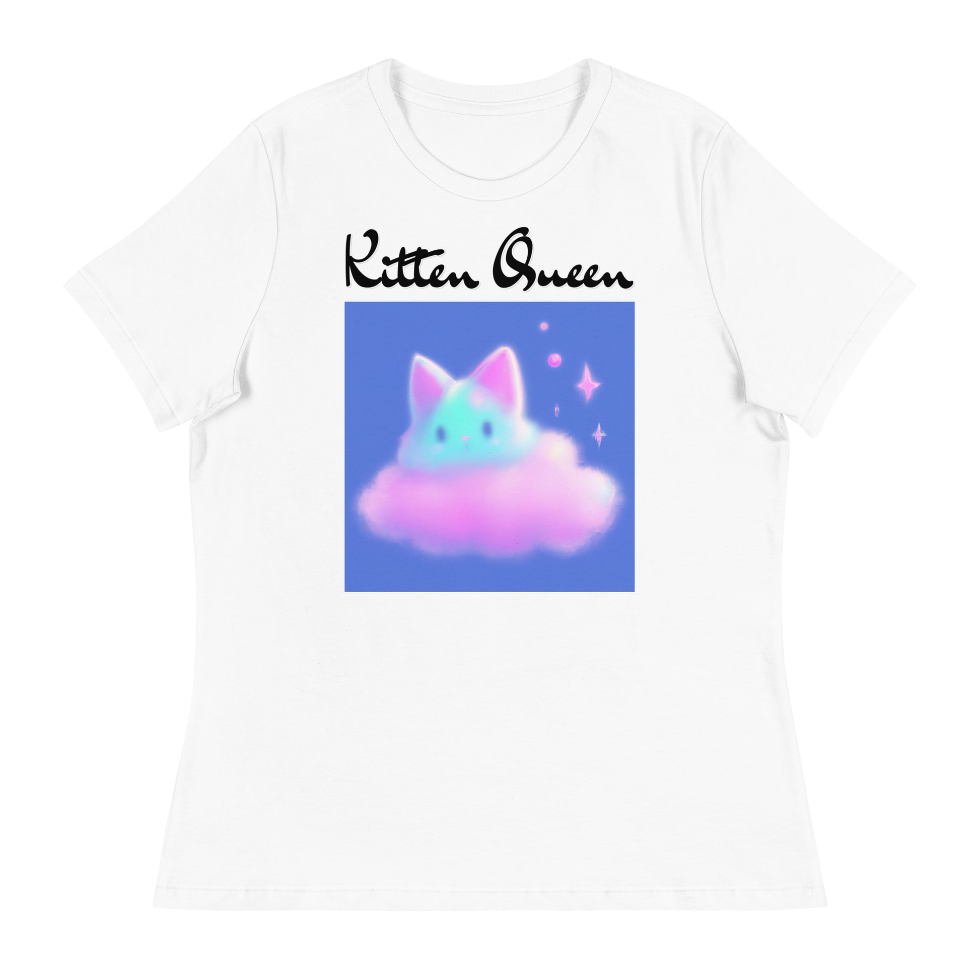 Women's White T-Shirt with Fluffy Pink Cloud Kitten with a text "Kitten Queen" at $25.97 found at Personalizedpetlovergifts